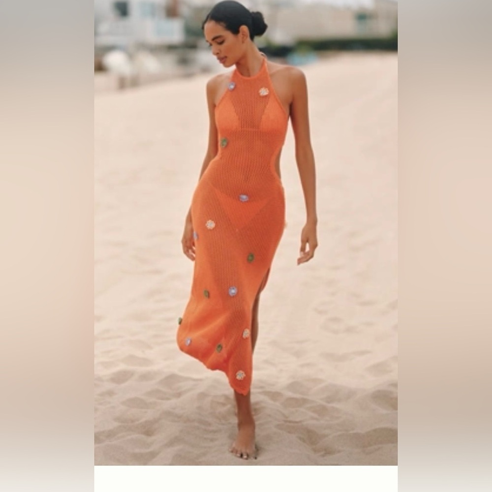 Anthropologie women’s 
XL CELANDINE CROCHET HALTER COVER-UP DRESS boho coastal